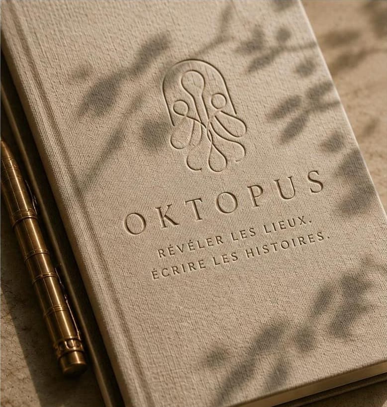 Carnet relié gravé du monogramme OKTOPUS, posé avec un stylo