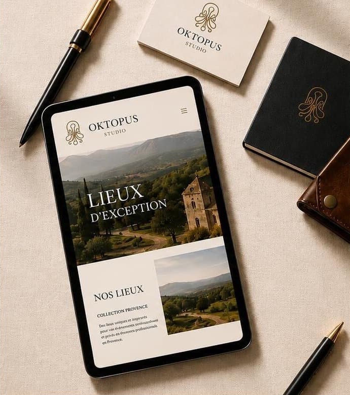 Tablette présentant le site OKTOPUS Studio, carnet et stylo sur lin