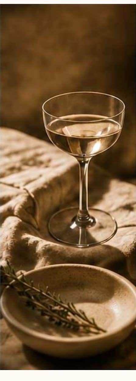 Coupe de champagne et brin de romarin sur une table en pierre